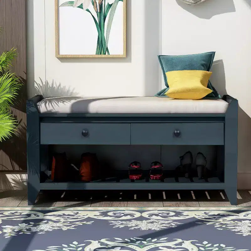 Multipurpose Storage Bench, Solid Wood Storage Bench With Open Shoe Rack, 2 Drawers, Shoe Bench With Padded Cushion for Hallway
