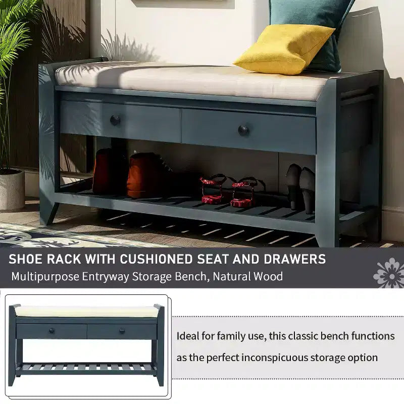 Multipurpose Storage Bench, Solid Wood Storage Bench With Open Shoe Rack, 2 Drawers, Shoe Bench With Padded Cushion for Hallway