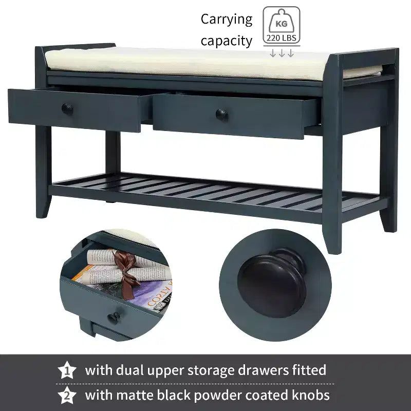 Multipurpose Storage Bench, Solid Wood Storage Bench With Open Shoe Rack, 2 Drawers, Shoe Bench With Padded Cushion for Hallway
