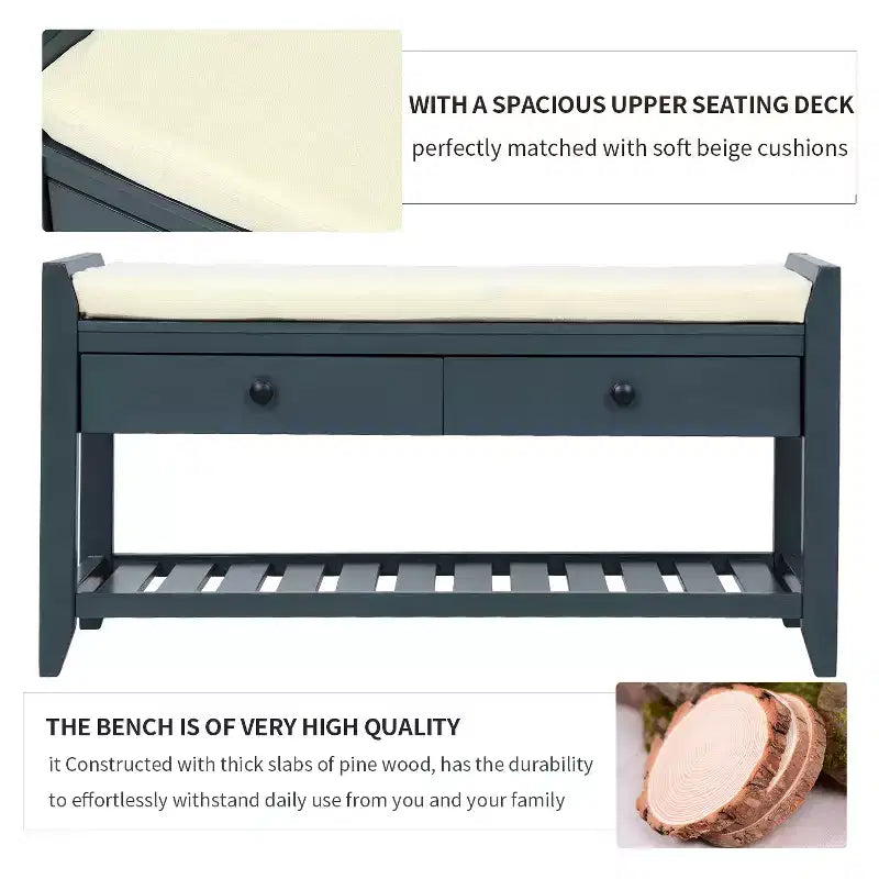 Multipurpose Storage Bench, Solid Wood Storage Bench With Open Shoe Rack, 2 Drawers, Shoe Bench With Padded Cushion for Hallway
