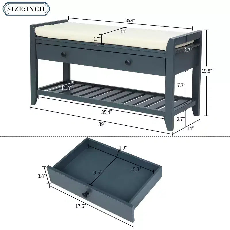 Multipurpose Storage Bench, Solid Wood Storage Bench With Open Shoe Rack, 2 Drawers, Shoe Bench With Padded Cushion for Hallway