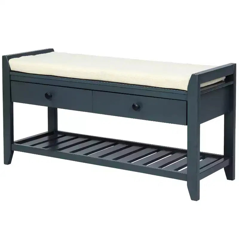 Multipurpose Storage Bench, Solid Wood Storage Bench With Open Shoe Rack, 2 Drawers, Shoe Bench With Padded Cushion for Hallway