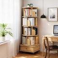 Chic Crate-5-Tier Rotating Bookshelf  360 Display | Wheels+Drawer | Space-Saver | Bedroom/Living Room/Office | Wood