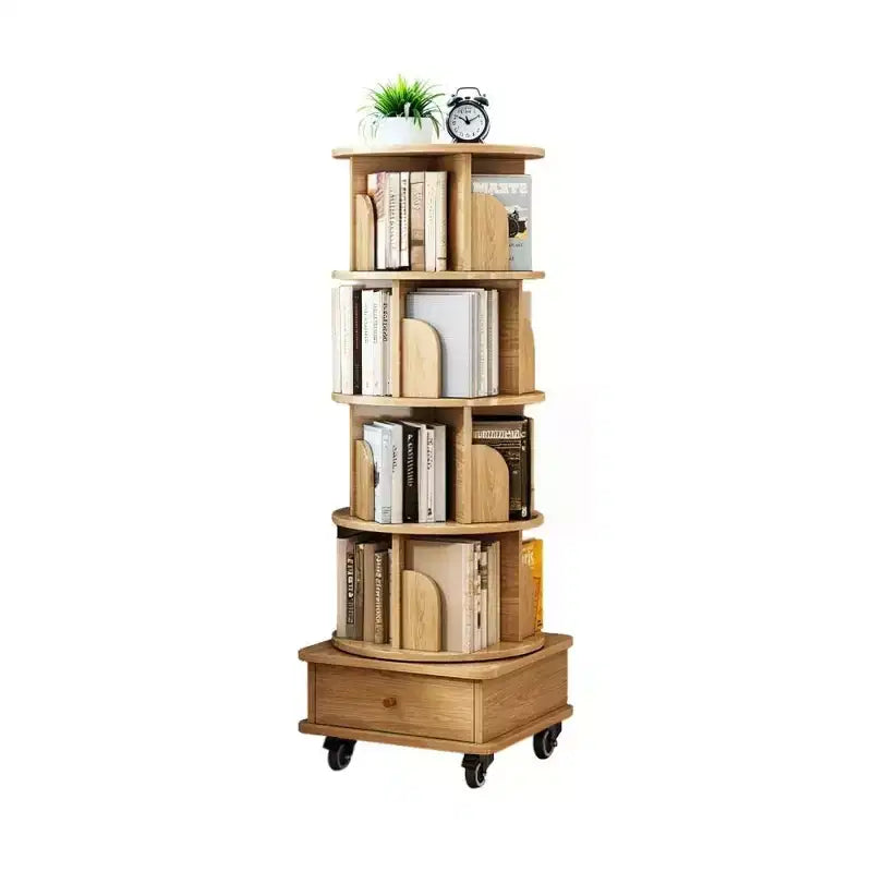 Chic Crate-5-Tier Rotating Bookshelf  360 Display | Wheels+Drawer | Space-Saver | Bedroom/Living Room/Office | Wood