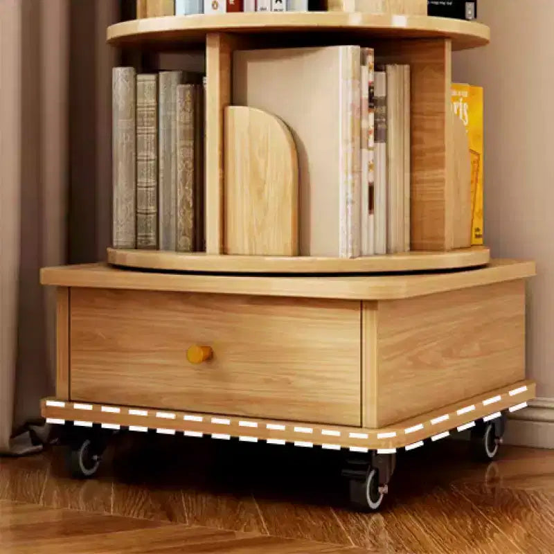 Chic Crate-5-Tier Rotating Bookshelf  360 Display | Wheels+Drawer | Space-Saver | Bedroom/Living Room/Office | Wood