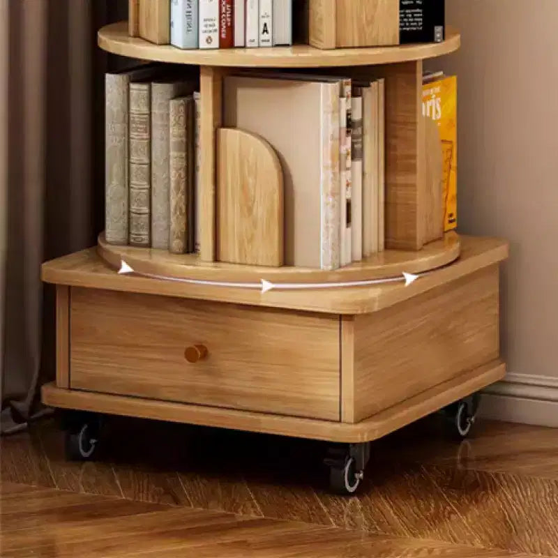 Chic Crate-5-Tier Rotating Bookshelf  360 Display | Wheels+Drawer | Space-Saver | Bedroom/Living Room/Office | Wood