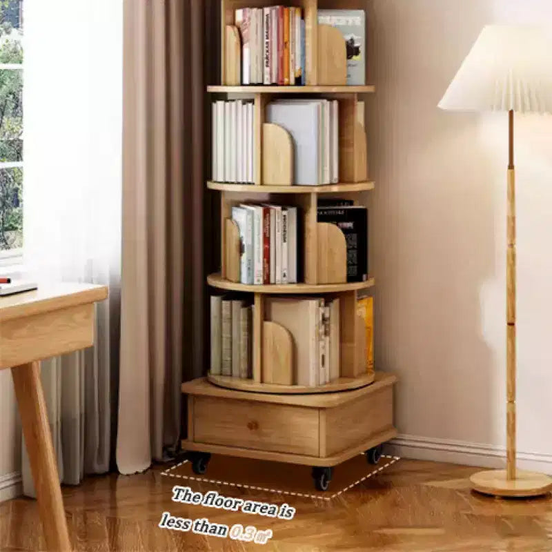 Chic Crate-5-Tier Rotating Bookshelf  360 Display | Wheels+Drawer | Space-Saver | Bedroom/Living Room/Office | Wood