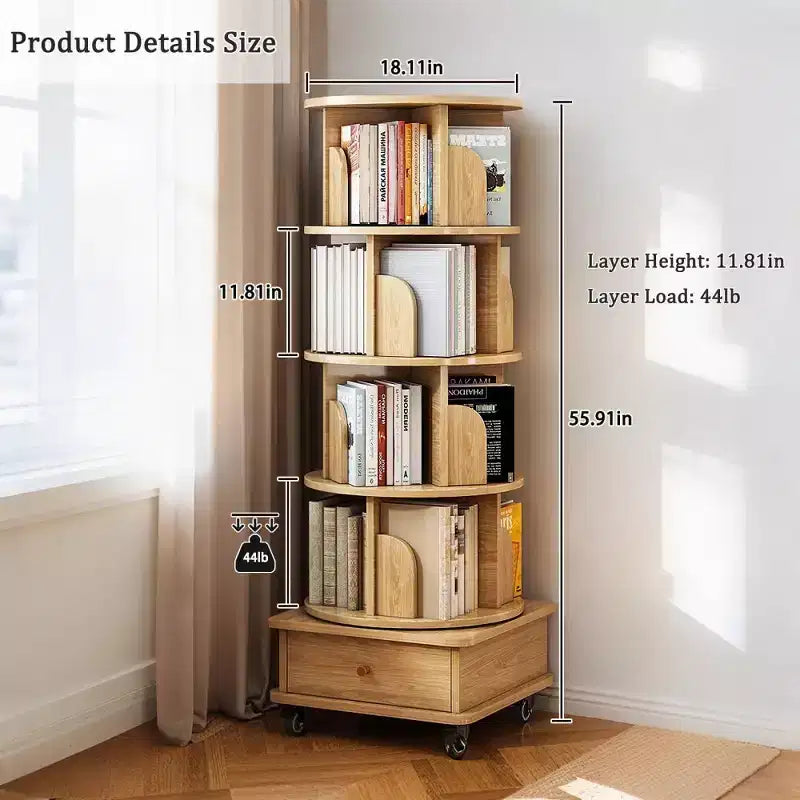 Chic Crate-5-Tier Rotating Bookshelf  360 Display | Wheels+Drawer | Space-Saver | Bedroom/Living Room/Office | Wood