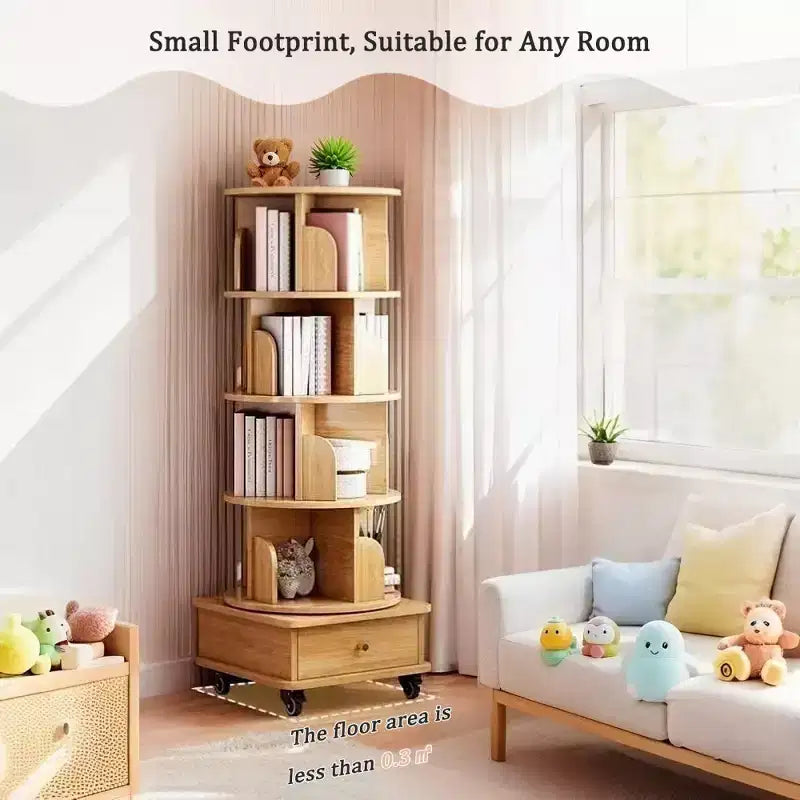 Chic Crate-5-Tier Rotating Bookshelf  360 Display | Wheels+Drawer | Space-Saver | Bedroom/Living Room/Office | Wood