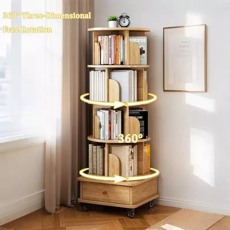 Chic Crate-5-Tier Rotating Bookshelf  360 Display | Wheels+Drawer | Space-Saver | Bedroom/Living Room/Office | Wood
