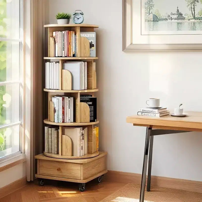 Chic Crate-5-Tier Rotating Bookshelf  360 Display | Wheels+Drawer | Space-Saver | Bedroom/Living Room/Office | Wood