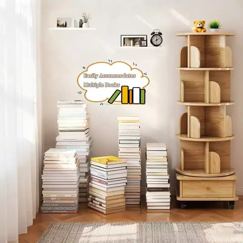Chic Crate-5-Tier Rotating Bookshelf  360 Display | Wheels+Drawer | Space-Saver | Bedroom/Living Room/Office | Wood