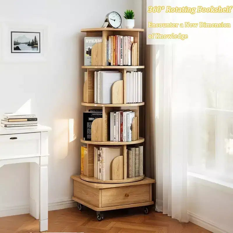 Chic Crate-5-Tier Rotating Bookshelf  360 Display | Wheels+Drawer | Space-Saver | Bedroom/Living Room/Office | Wood