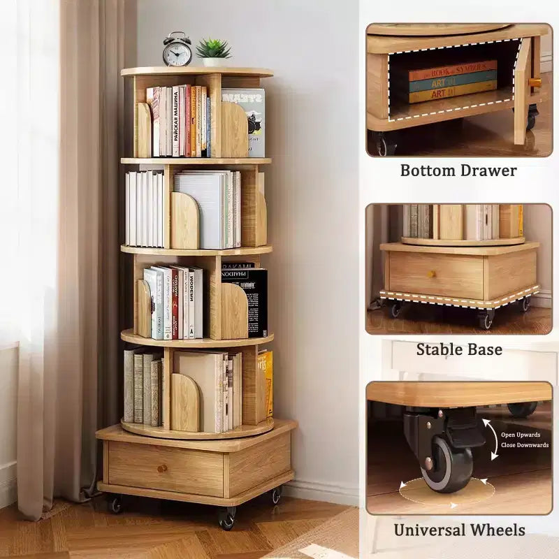 Chic Crate-5-Tier Rotating Bookshelf  360 Display | Wheels+Drawer | Space-Saver | Bedroom/Living Room/Office | Wood