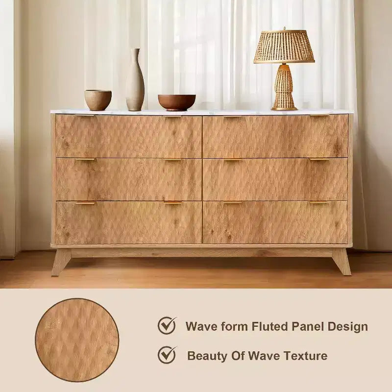 Fluted Dresser with 6 Drawers, Faux Marble Top Drawer Storage Cabinet, Modern Solid Wood TV Stand, Living Room, Hallway, Entrance