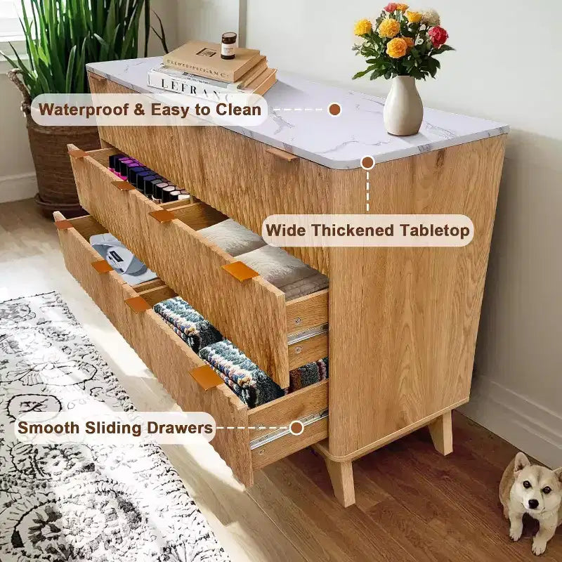 Fluted Dresser with 6 Drawers, Faux Marble Top Drawer Storage Cabinet, Modern Solid Wood TV Stand, Living Room, Hallway, Entrance