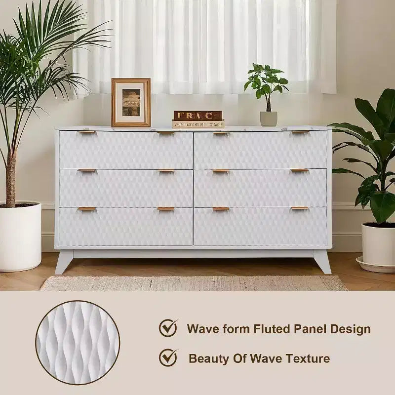 Fluted Dresser with 6 Drawers, Faux Marble Top Drawer Storage Cabinet, Modern Solid Wood TV Stand, Living Room, Hallway, Entrance