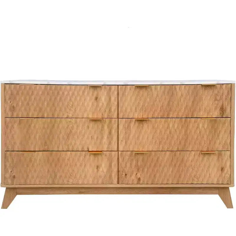 Fluted Dresser with 6 Drawers, Faux Marble Top Drawer Storage Cabinet, Modern Solid Wood TV Stand, Living Room, Hallway, Entrance