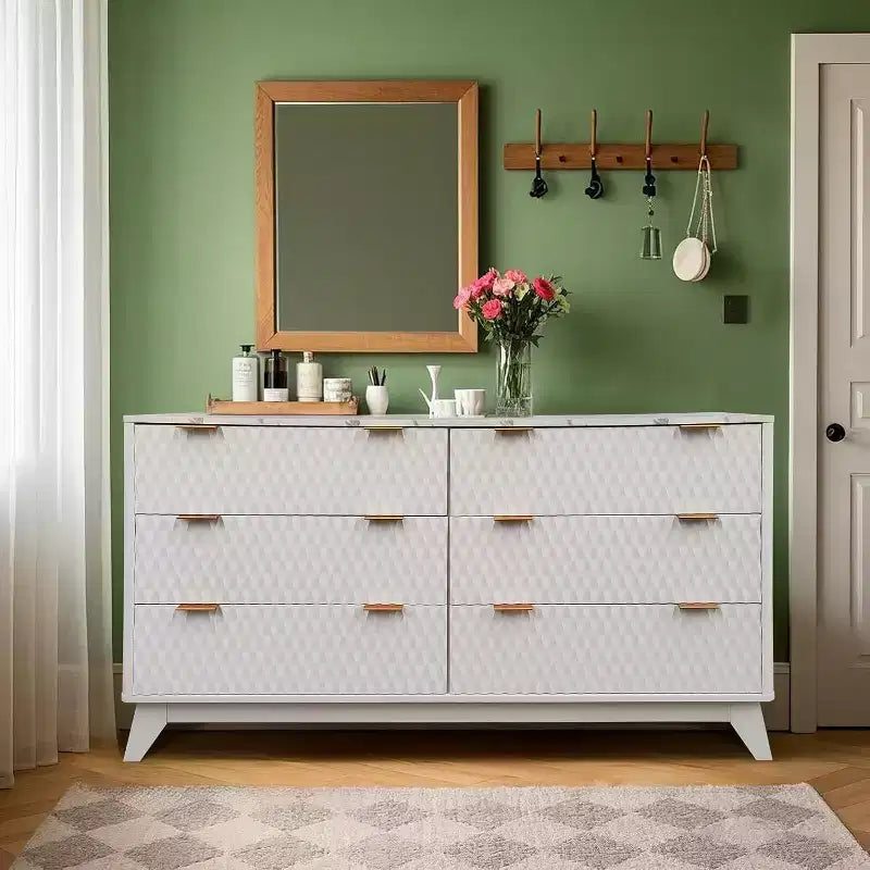 Fluted Dresser with 6 Drawers, Faux Marble Top Drawer Storage Cabinet, Modern Solid Wood TV Stand, Living Room, Hallway, Entrance