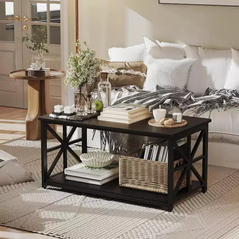 Acekool 2-Tier Wood Coffee Table with X-Frame Support, Storage Shelf & Round Corners  Modern Farmhouse Center Table for Living Room