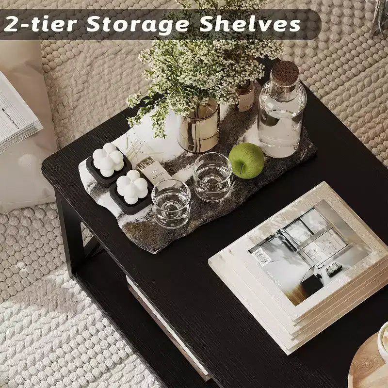 Acekool 2-Tier Wood Coffee Table with X-Frame Support, Storage Shelf & Round Corners  Modern Farmhouse Center Table for Living Room
