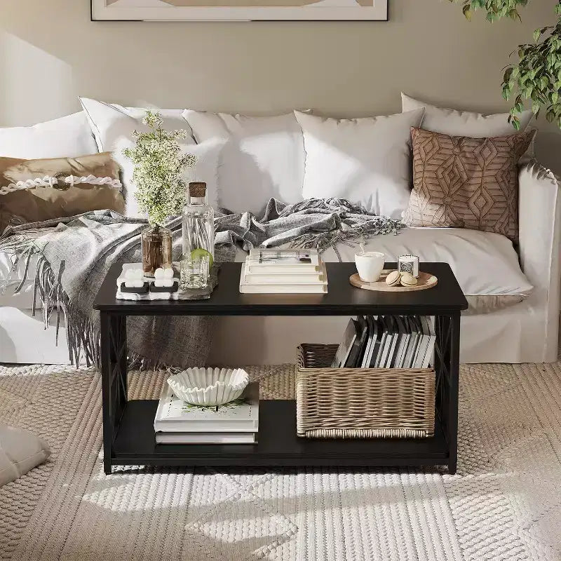 Acekool 2-Tier Wood Coffee Table with X-Frame Support, Storage Shelf & Round Corners  Modern Farmhouse Center Table for Living Room