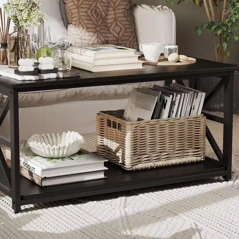 Acekool 2-Tier Wood Coffee Table with X-Frame Support, Storage Shelf & Round Corners  Modern Farmhouse Center Table for Living Room