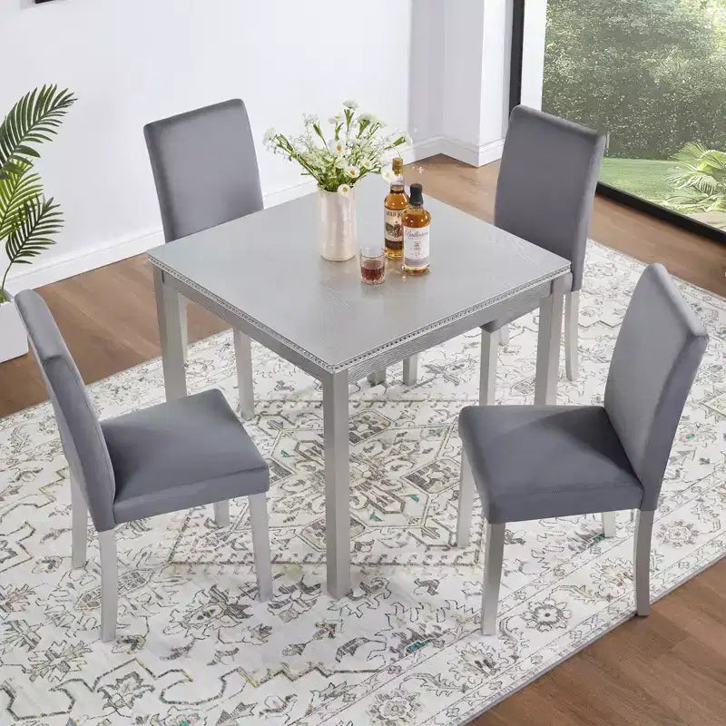 5 Piece Kitchen Table Set with a Square Table and 4 Upholstered Chairs,for Kitchen, Dining Room, Silver grey