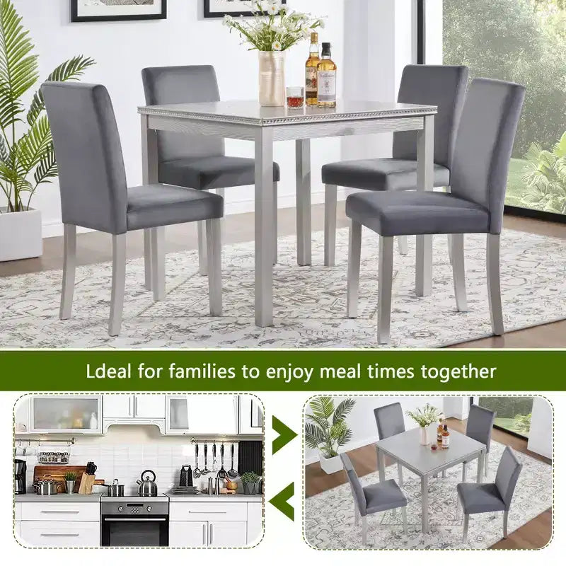 5 Piece Kitchen Table Set with a Square Table and 4 Upholstered Chairs,for Kitchen, Dining Room, Silver grey