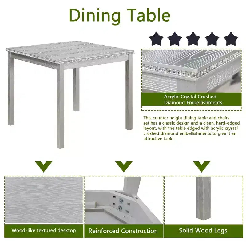 5 Piece Kitchen Table Set with a Square Table and 4 Upholstered Chairs,for Kitchen, Dining Room, Silver grey