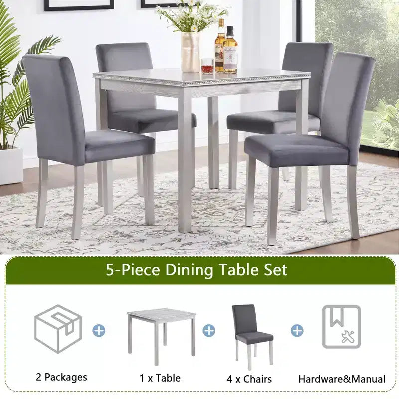 5 Piece Kitchen Table Set with a Square Table and 4 Upholstered Chairs,for Kitchen, Dining Room, Silver grey