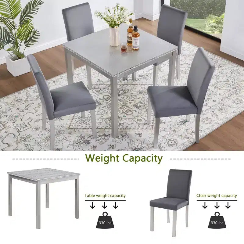 5 Piece Kitchen Table Set with a Square Table and 4 Upholstered Chairs,for Kitchen, Dining Room, Silver grey