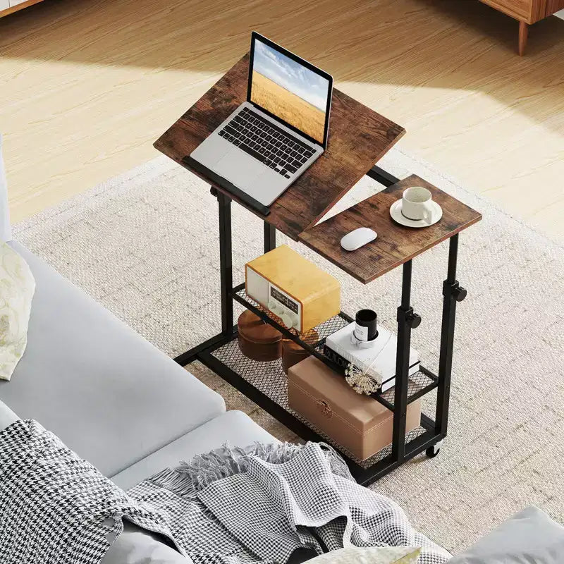 Costway Mobile Stand up Desk with Tilting Tabletop Storage Shelves Wheels for Living Room Gray/Brown
