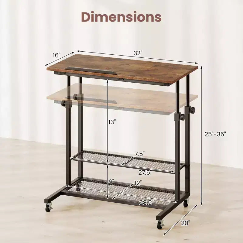 Costway Mobile Stand up Desk with Tilting Tabletop Storage Shelves Wheels for Living Room Gray/Brown