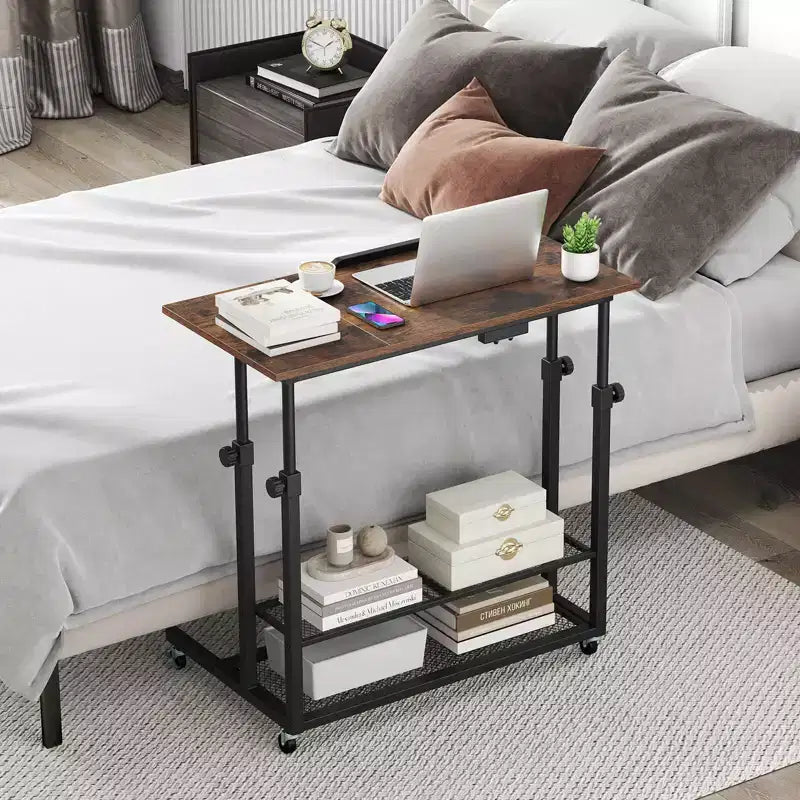 Costway Mobile Stand up Desk with Tilting Tabletop Storage Shelves Wheels for Living Room Gray/Brown