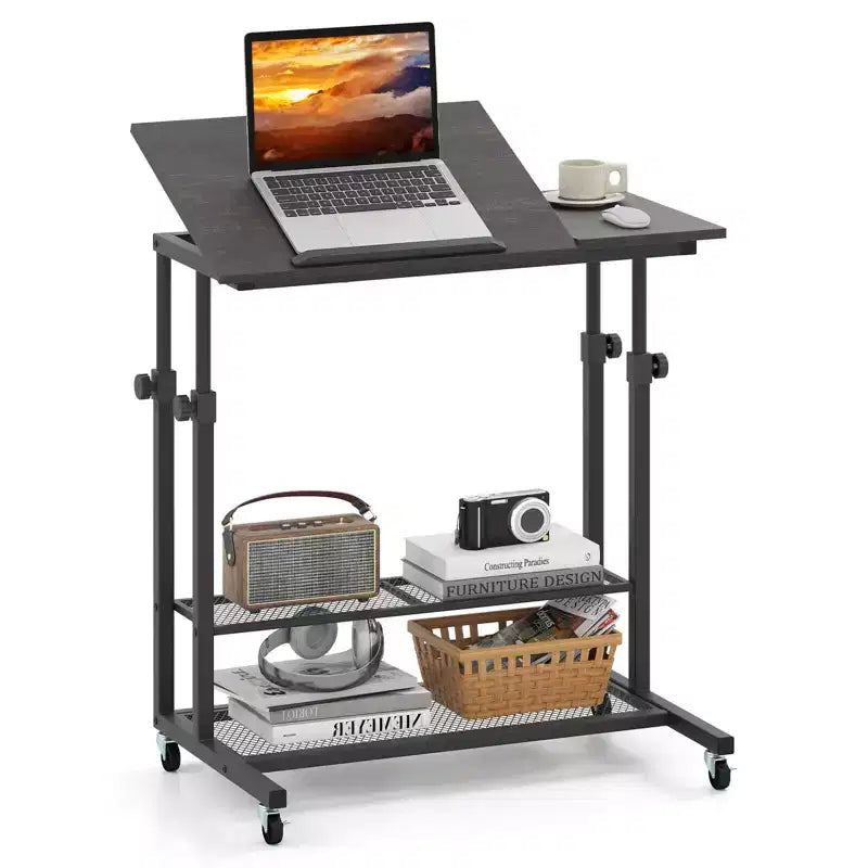 Costway Mobile Stand up Desk with Tilting Tabletop Storage Shelves Wheels for Living Room Gray/Brown
