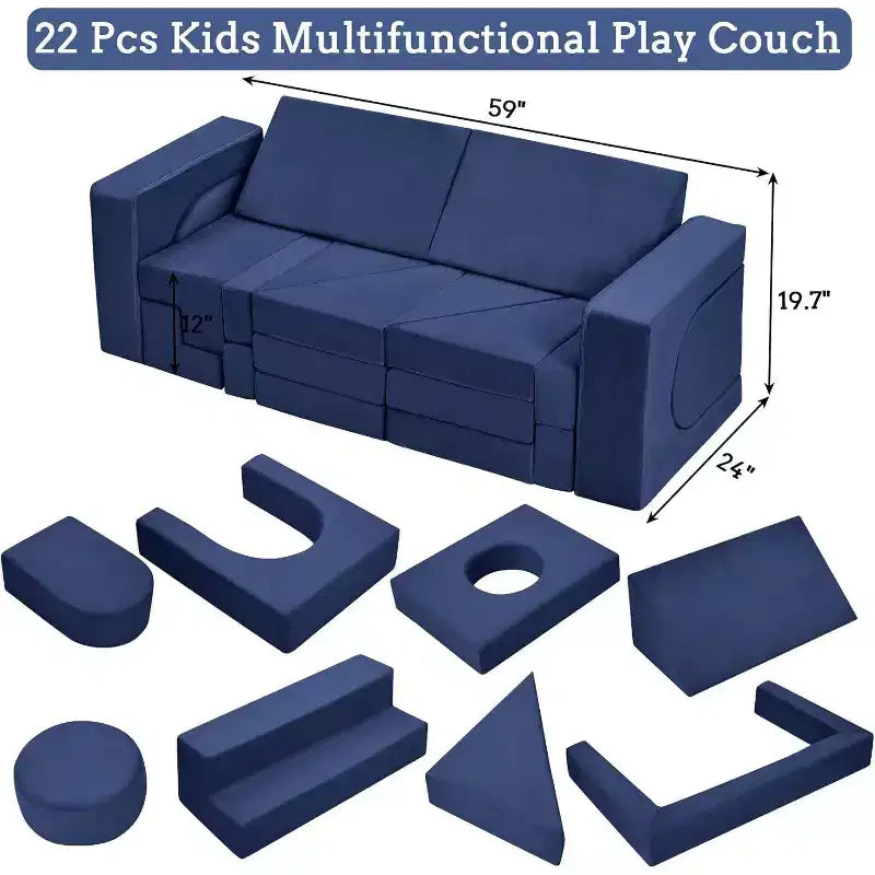 Acekool 22-Piece Kids Play Couch - Reconfigurable Modular Sofa with Soft Velvet Covers for Playrooms & Indoor Playtime (Grey)