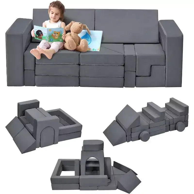Acekool 22-Piece Kids Play Couch - Reconfigurable Modular Sofa with Soft Velvet Covers for Playrooms & Indoor Playtime (Grey)