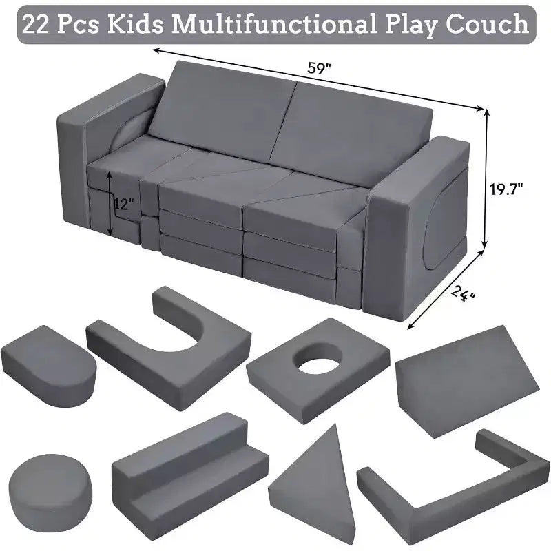 Acekool 22-Piece Kids Play Couch - Reconfigurable Modular Sofa with Soft Velvet Covers for Playrooms & Indoor Playtime (Grey)