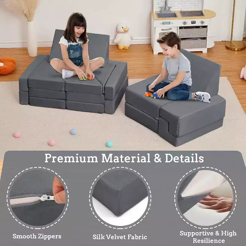 Acekool 22-Piece Kids Play Couch - Reconfigurable Modular Sofa with Soft Velvet Covers for Playrooms & Indoor Playtime (Grey)