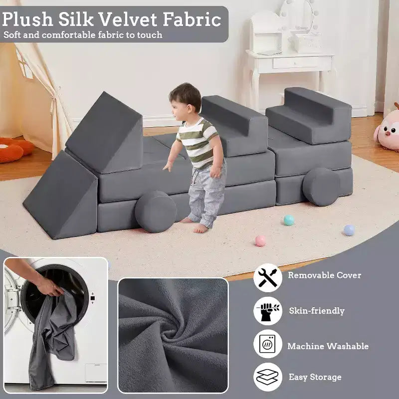 Acekool 22-Piece Kids Play Couch - Reconfigurable Modular Sofa with Soft Velvet Covers for Playrooms & Indoor Playtime (Grey)