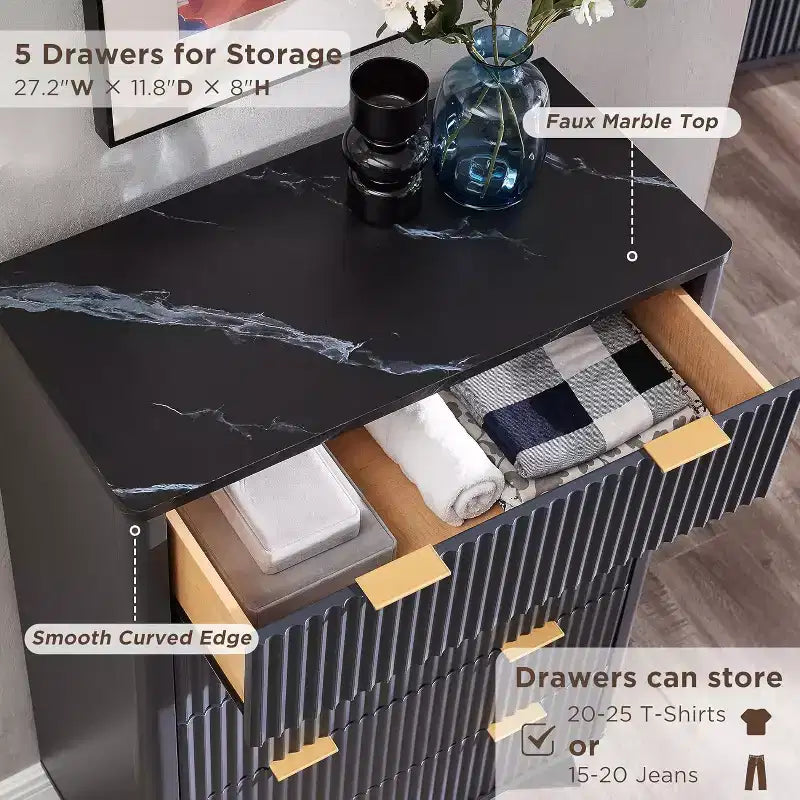 Fluted Dresser for Bedroom, Modern Drawer Chest with Faux Marble Top & Curved Profile, Wood Storage Organizer for Bedroom, Living Room
