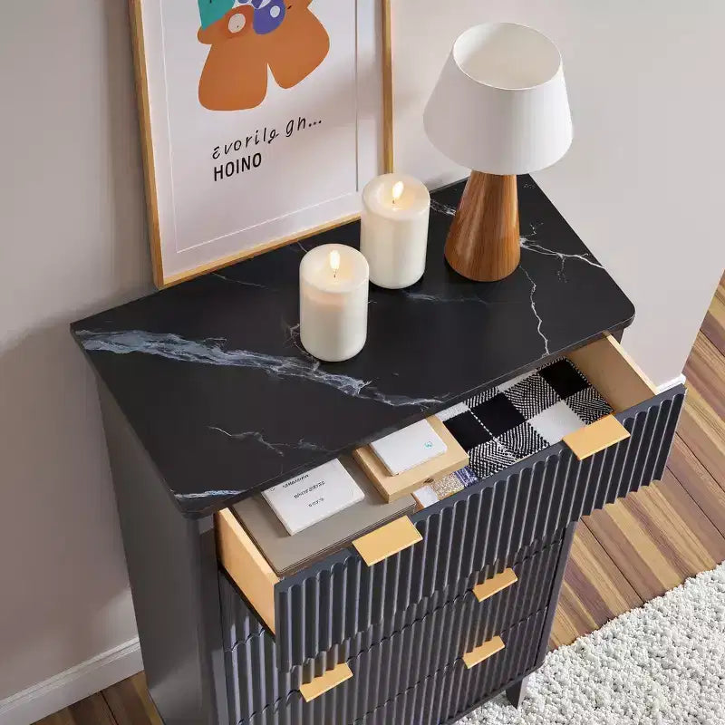 Fluted Dresser for Bedroom, Modern Drawer Chest with Faux Marble Top & Curved Profile, Wood Storage Organizer for Bedroom, Living Room