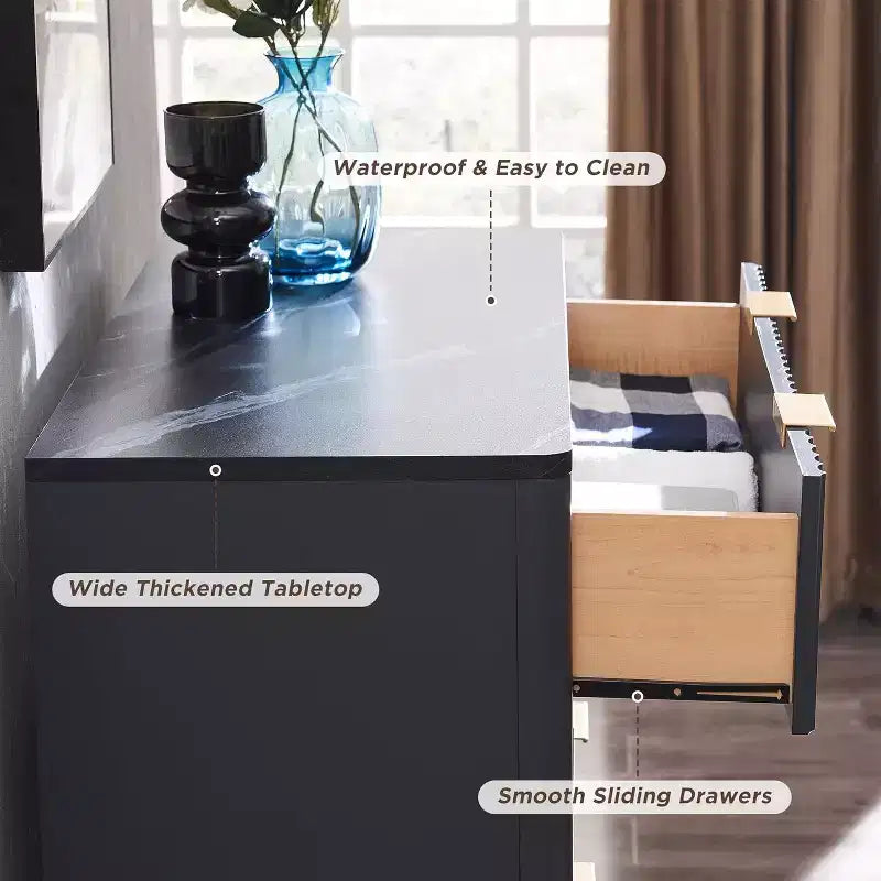 Fluted Dresser for Bedroom, Modern Drawer Chest with Faux Marble Top & Curved Profile, Wood Storage Organizer for Bedroom, Living Room