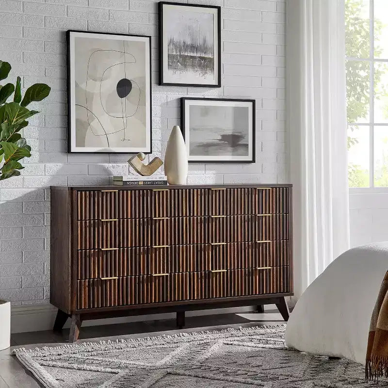 Fluted Dresser for Bedroom, Modern Drawer Chest with Faux Marble Top & Curved Profile, Wood Storage Organizer for Bedroom, Living Room