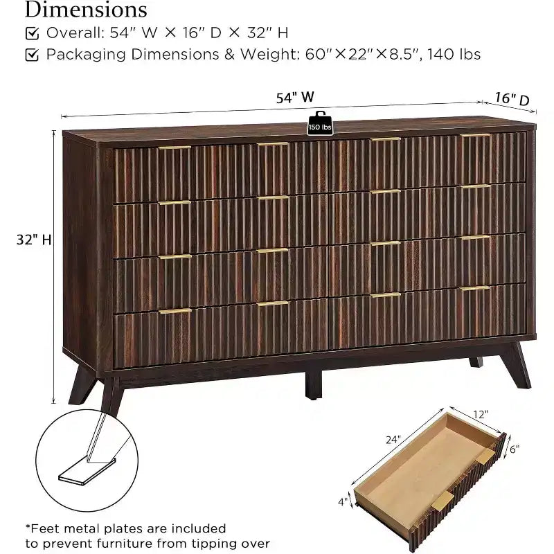 Fluted Dresser for Bedroom, Modern Drawer Chest with Faux Marble Top & Curved Profile, Wood Storage Organizer for Bedroom, Living Room