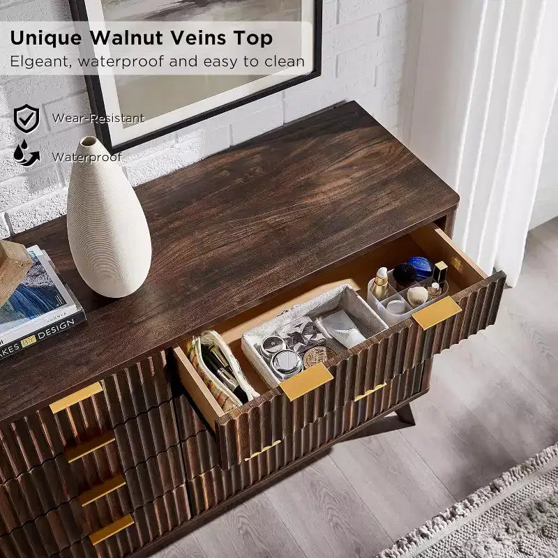 Fluted Dresser for Bedroom, Modern Drawer Chest with Faux Marble Top & Curved Profile, Wood Storage Organizer for Bedroom, Living Room