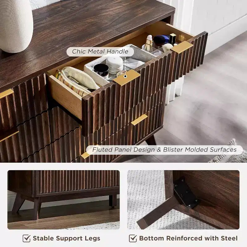 Fluted Dresser for Bedroom, Modern Drawer Chest with Faux Marble Top & Curved Profile, Wood Storage Organizer for Bedroom, Living Room
