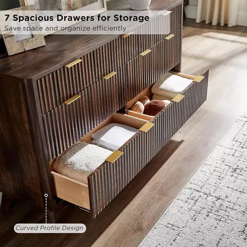 Fluted Dresser for Bedroom, Modern Drawer Chest with Faux Marble Top & Curved Profile, Wood Storage Organizer for Bedroom, Living Room