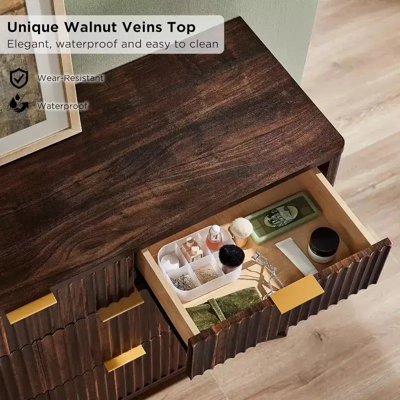 Fluted Dresser for Bedroom, Modern Drawer Chest with Faux Marble Top & Curved Profile, Wood Storage Organizer for Bedroom, Living Room